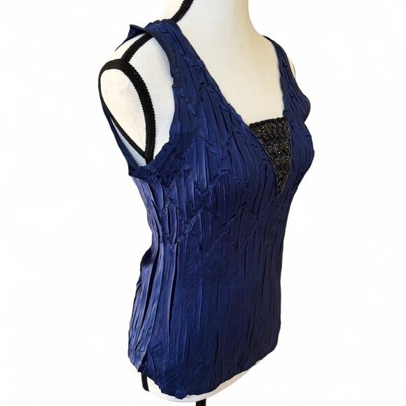 y2k‎ vtg. Midnight Blue Beaded Crinkle Top Blouse kOMAROVsize Medium - Picture 5 of 8